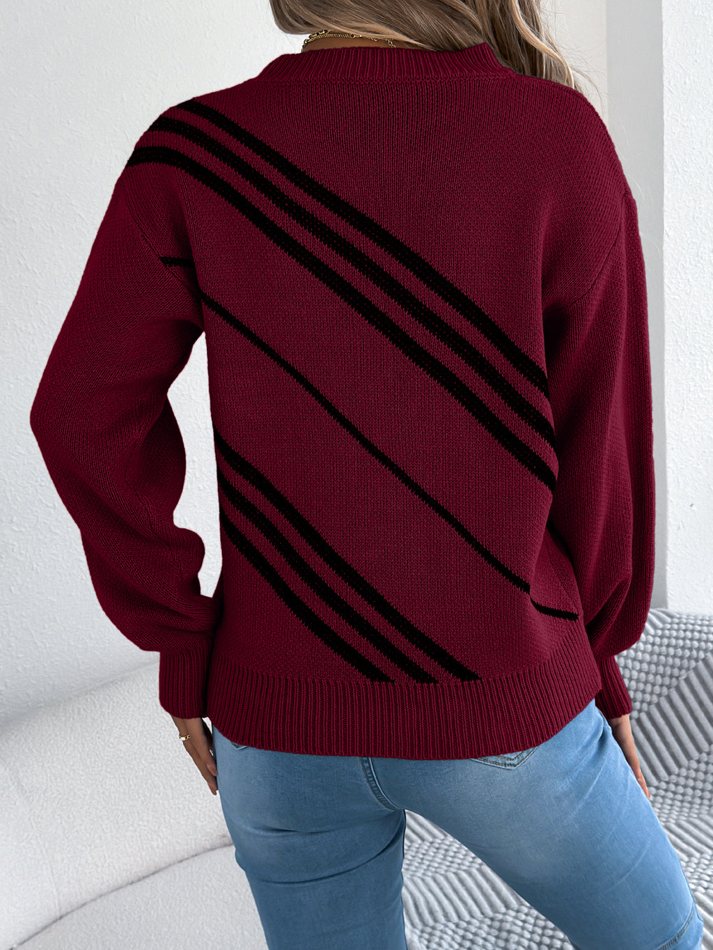 Women Casual Striped Round Neck Lantern Sleeve Long Sleeve Pullover Sweater
