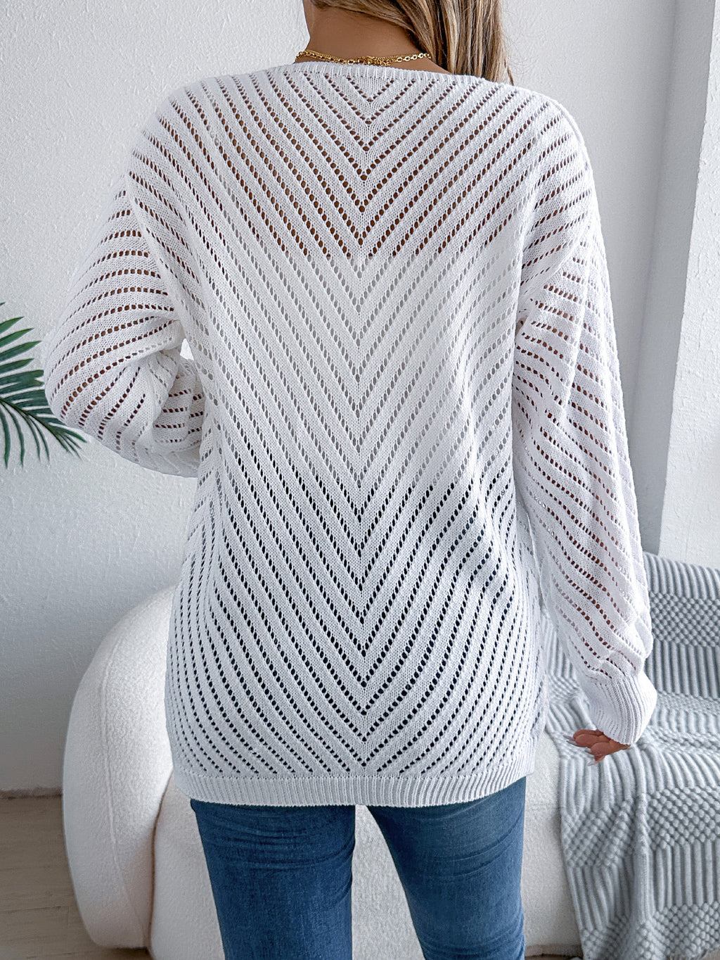 Women Casual Solid Color Hollow Out Long Sleeve Cardigan Sweater