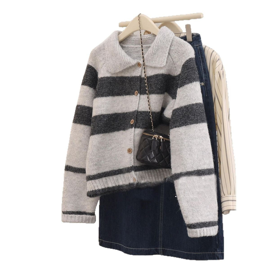 Women's Lapel Stripe Sweater Coat