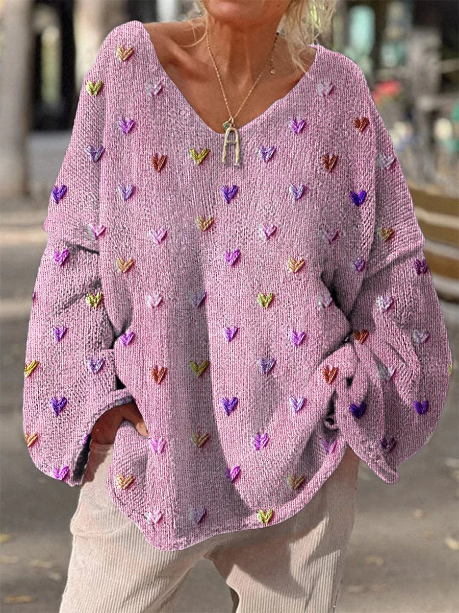 Women's Autumn Winter Lazy Style Loose V-neck Printed Pullover