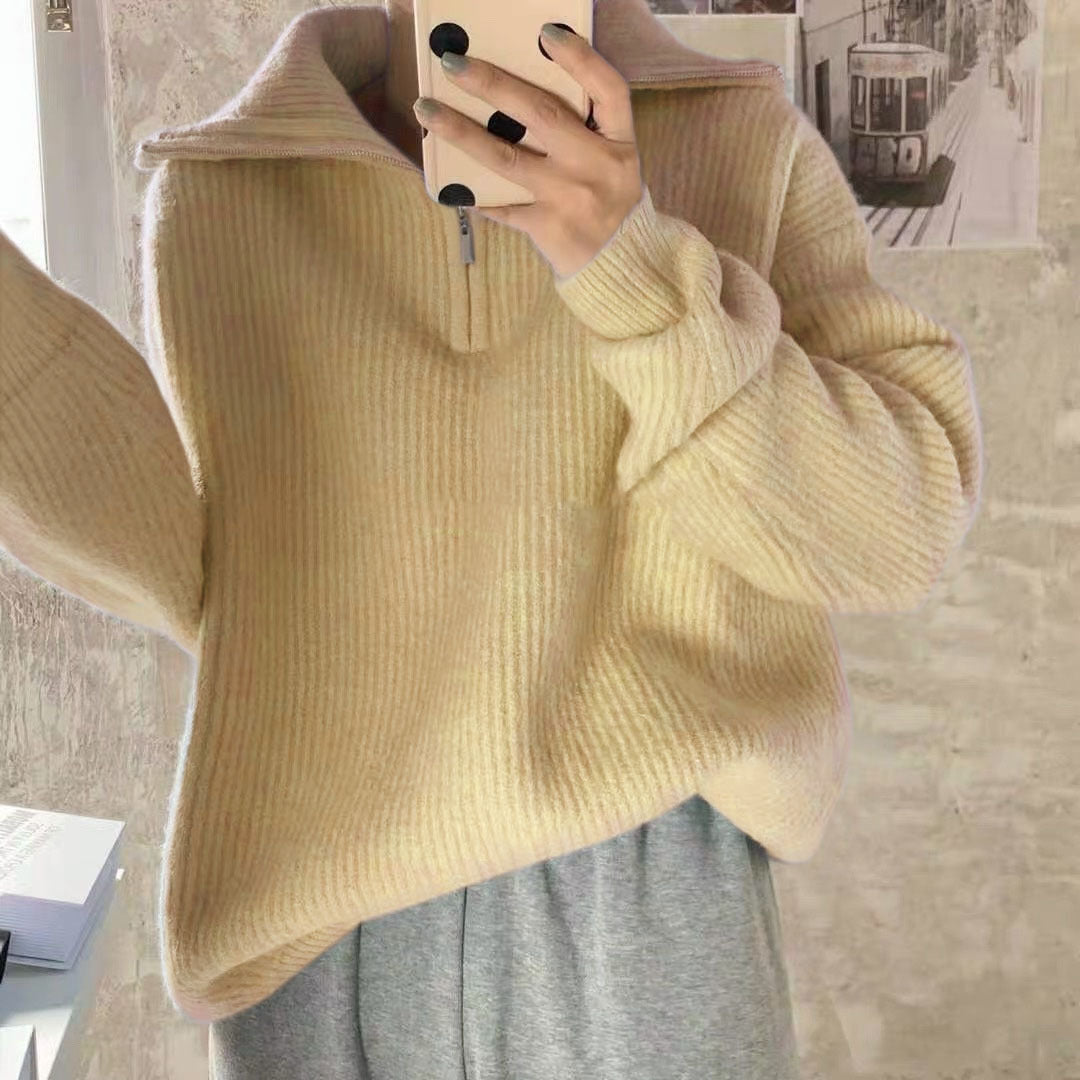 Women's Solid Color Loose Zipper Lapel Stand Up Sweater