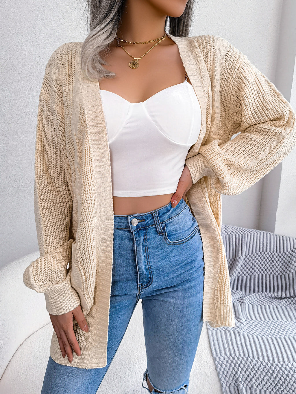 Women Cable Knit Lantern Sleeve Pocket Cardigan Sweater Coat