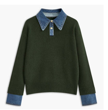 Cowboy Patchwork Fake Two-piece Sweater Women's European Station