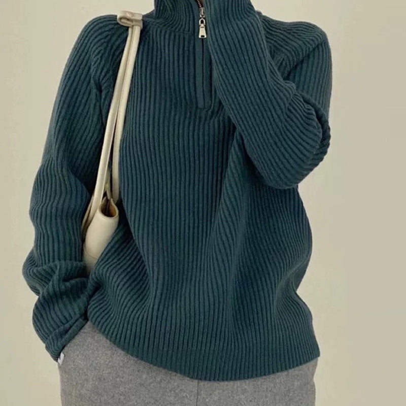 Women's Solid Color Loose Zipper Lapel Stand Up Sweater