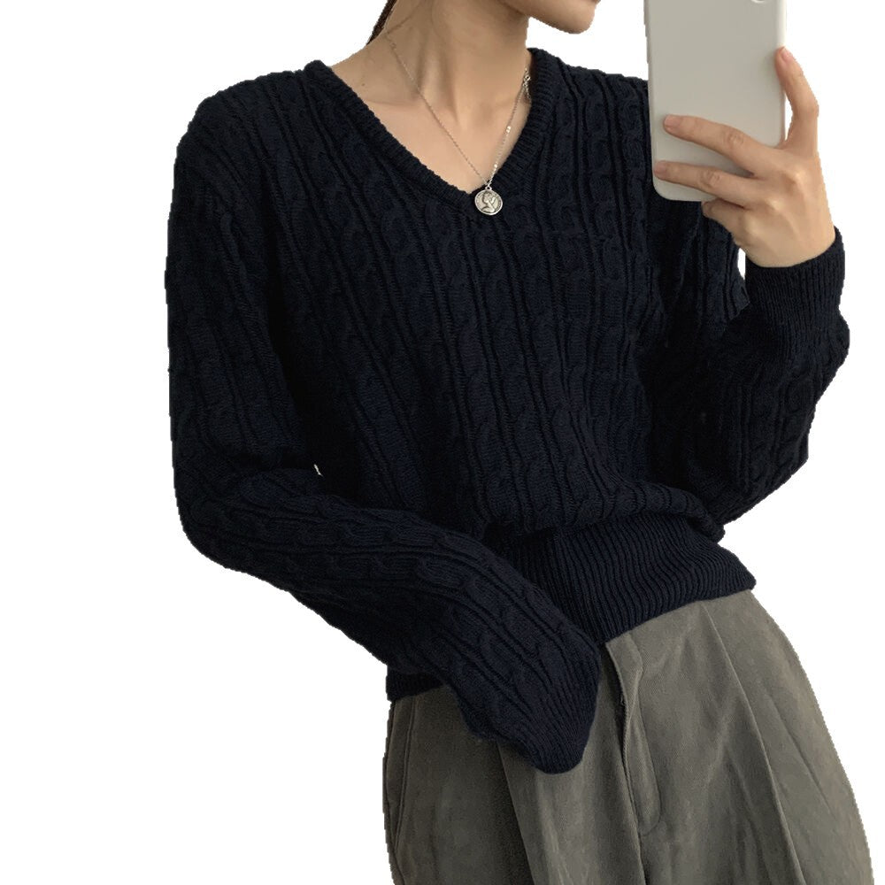 Twist-knit V-neck Waist-cinching Long-sleeve Knit Sweater