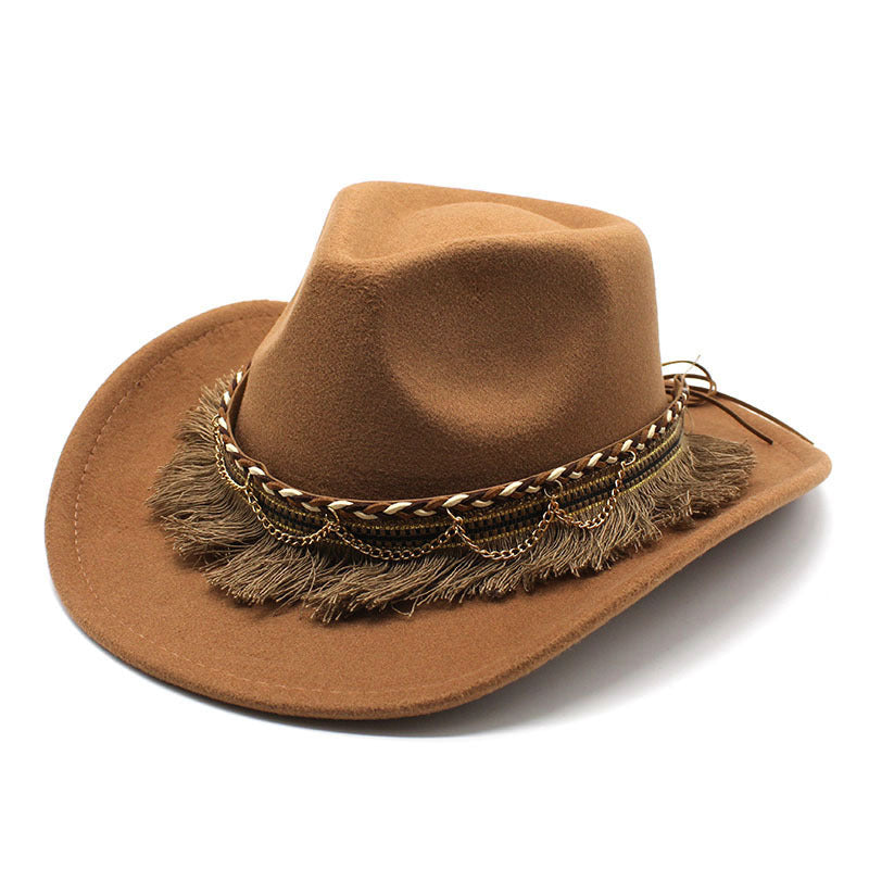 Ethnic Style Tassel Felt Cap Jazz Flat Brim Hat