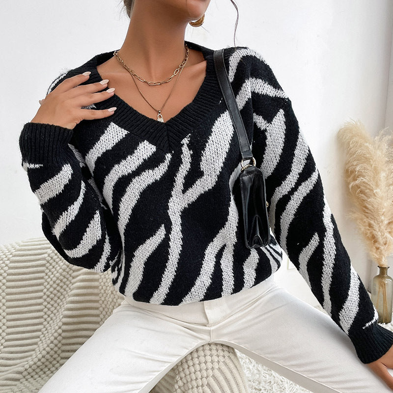Women's Zebra Stripe Pullover Warm Thick Knit Sweater