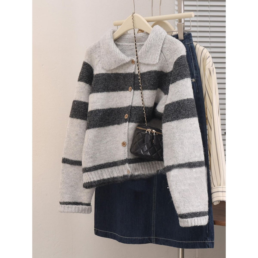 Women's Lapel Stripe Sweater Coat