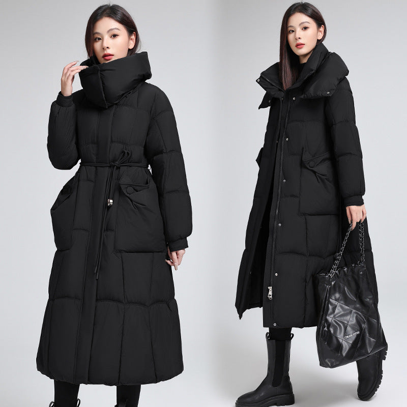 Knee-length Warm Cotton Coat Loose Thicken Waist-cinching Padded Jacket