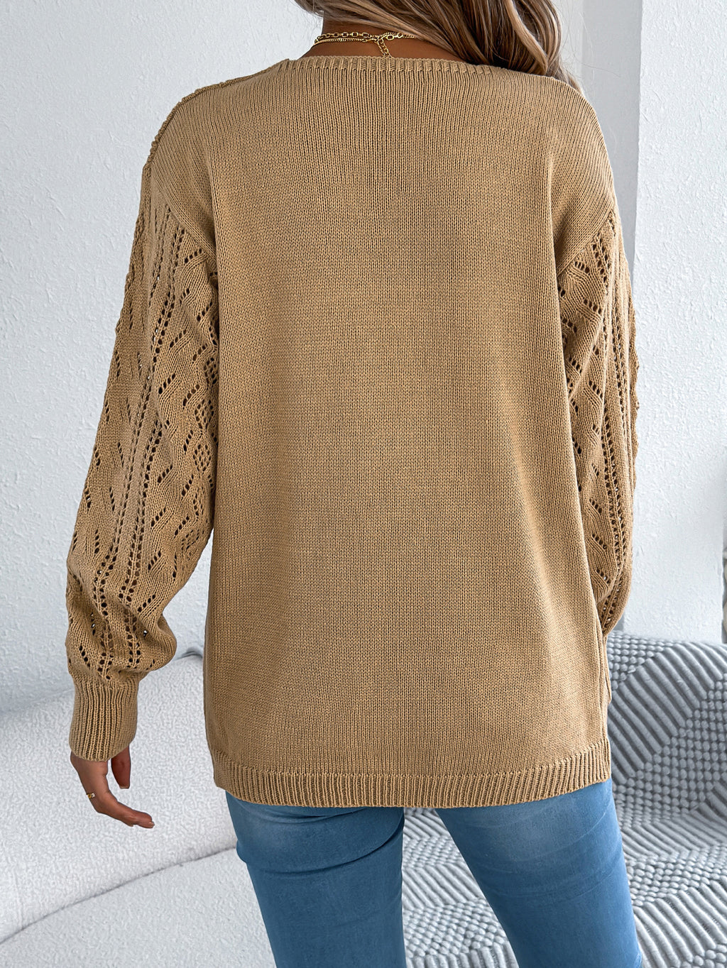 Women Casual Hollow Out Lantern Sleeve Long Sleeve Cardigan Sweater Coat