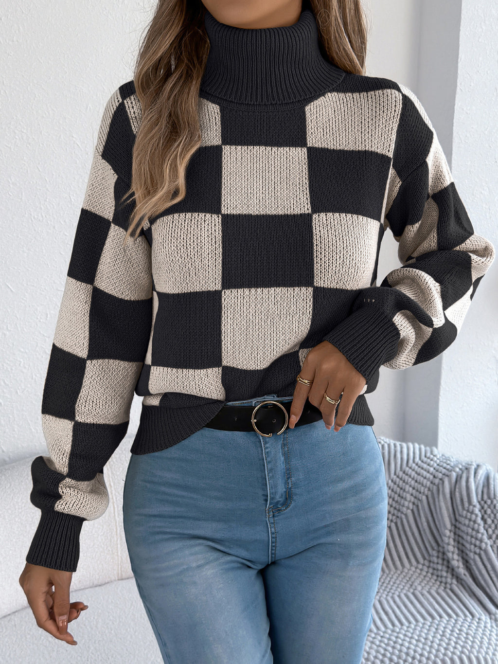 Women's High Neck Color-Blocked Plaid Lantern Sleeve Sweater