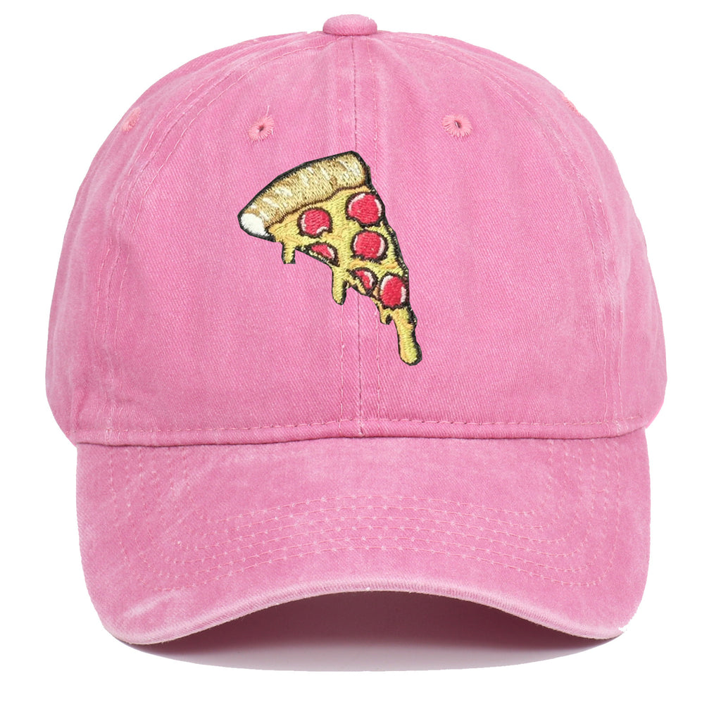 Pizza Embroidery Soft Top Baseball Cap Retro Worn Looking Washed-out