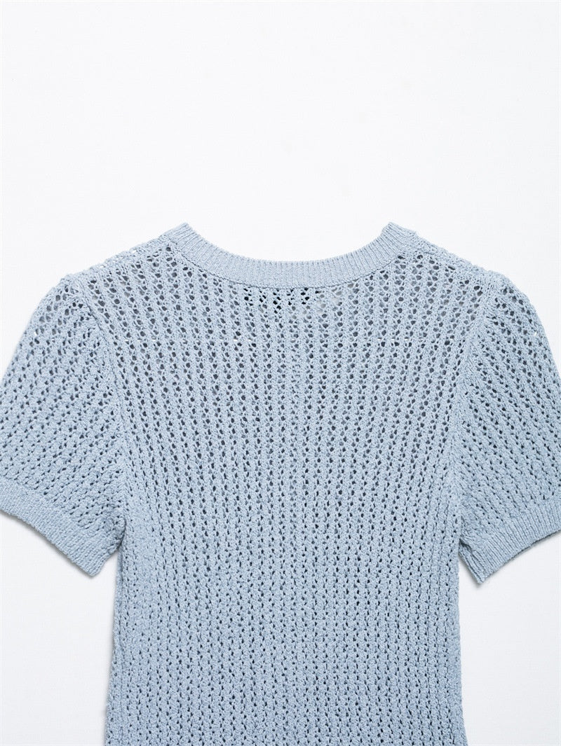 Solid Color Jacquard Mesh Knitted Top T-shirt
