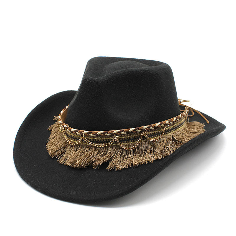 Ethnic Style Tassel Felt Cap Jazz Flat Brim Hat