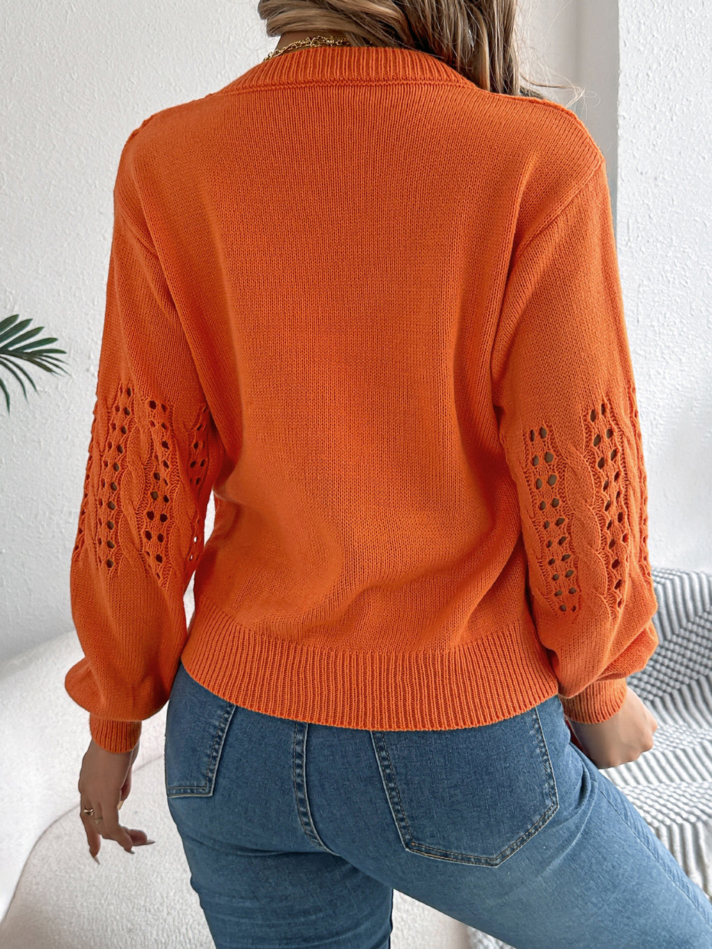 Women Casual Solid Color Hollow Out Lantern Sleeve Pullover Sweater