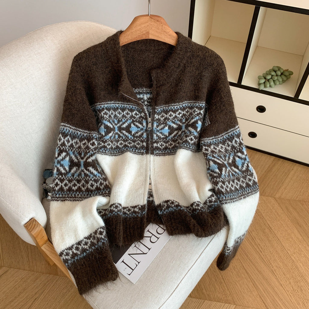 Retro Lazy Style Jacquard Long Sleeve Sweater Women