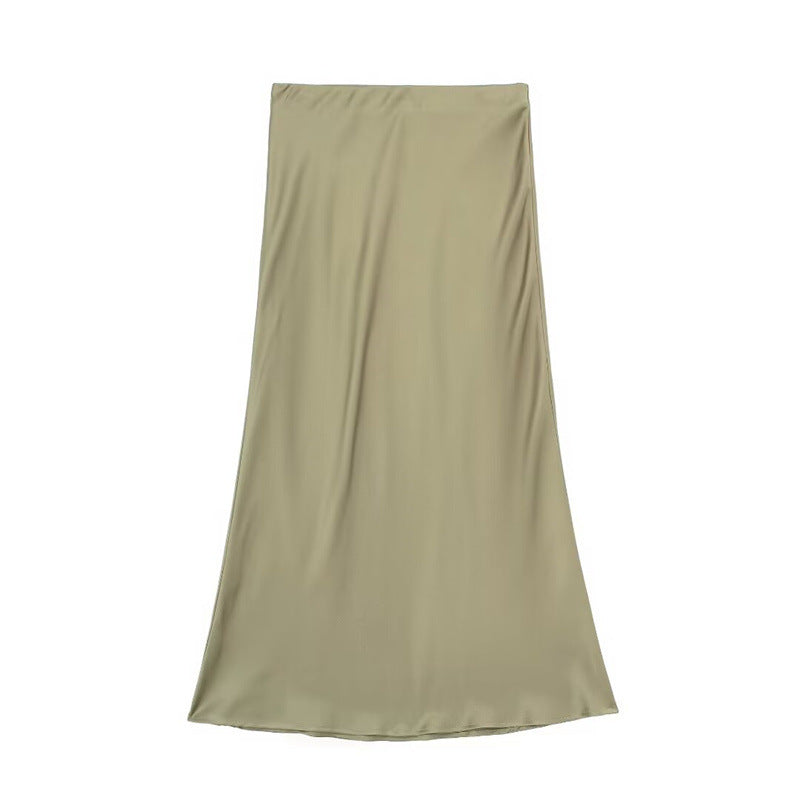 Solid Color Slim Silk Satin Texture Midi Skirt