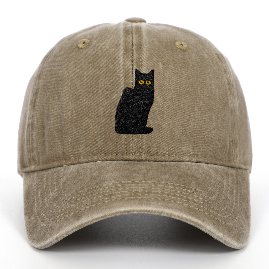 Sitting Black Cat Embroidered Baseball Cap Worn Looking Washed-out