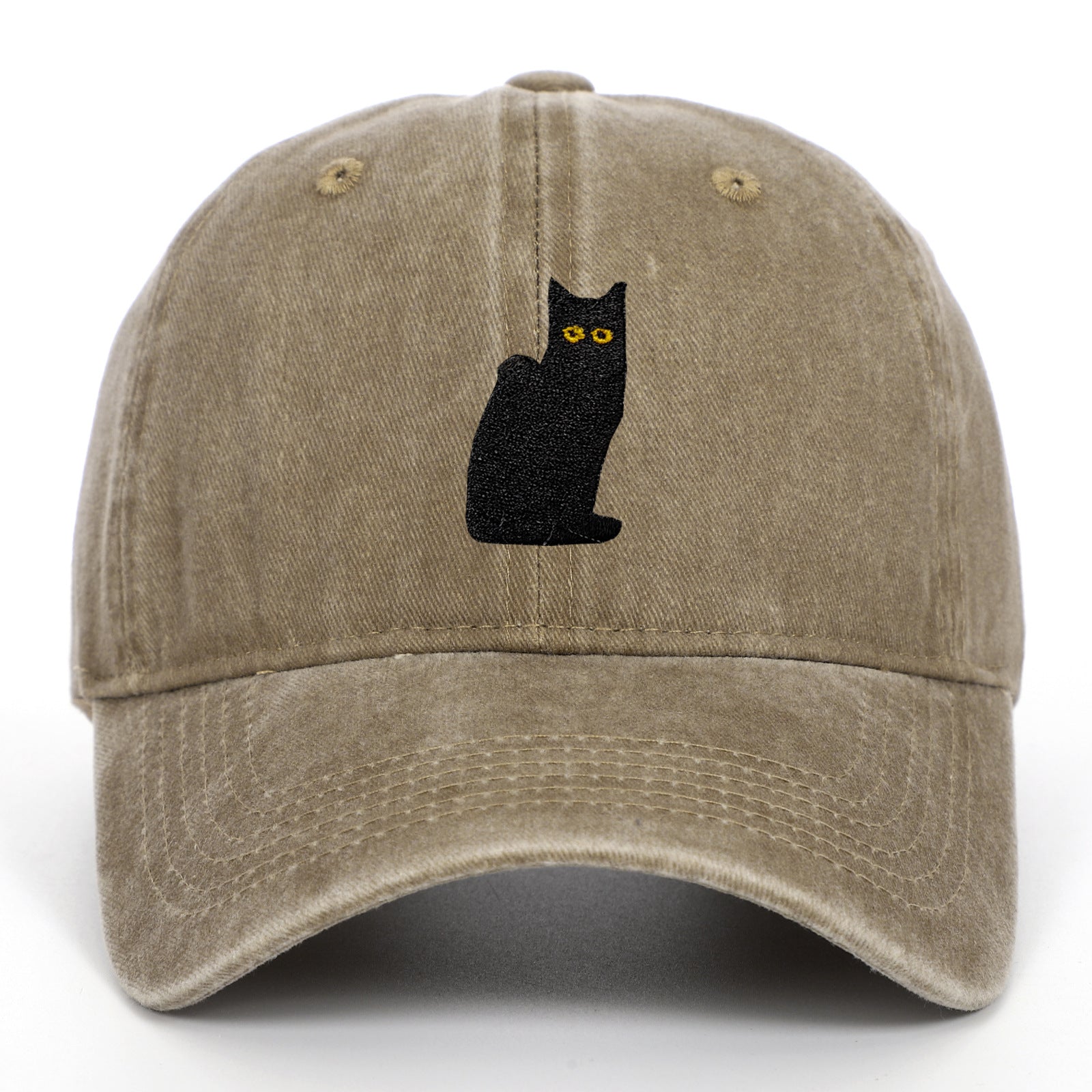 Sitting Black Cat Embroidered Baseball Cap Worn Looking Washed-out