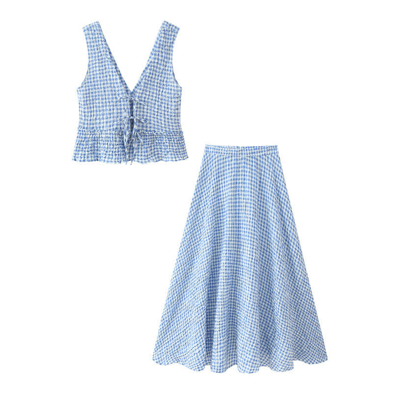 New Small Plaid Top Cape Skirt Suit