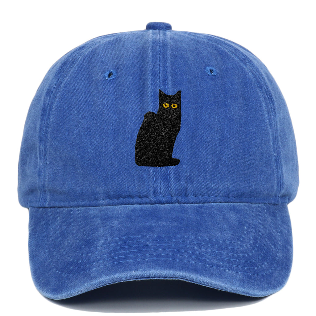 Sitting Black Cat Embroidered Baseball Cap Worn Looking Washed-out
