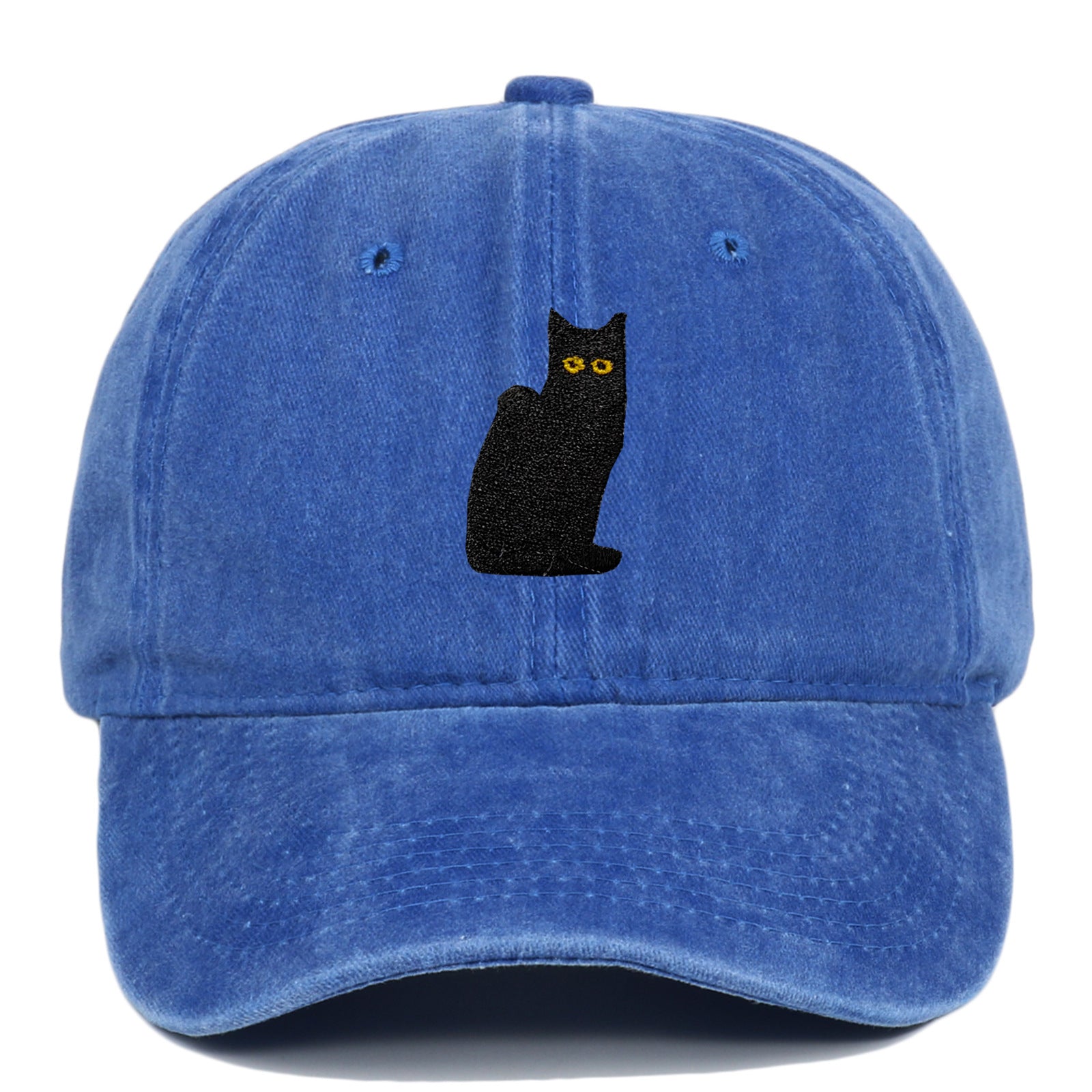Sitting Black Cat Embroidered Baseball Cap Worn Looking Washed-out