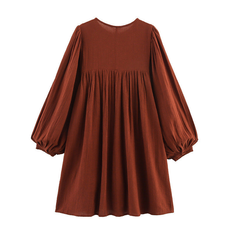 Summer Women's Clothing Embroidered Crew Neck Long Sleeve Artistic Short Dress