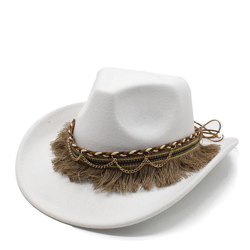 Ethnic Style Tassel Felt Cap Jazz Flat Brim Hat
