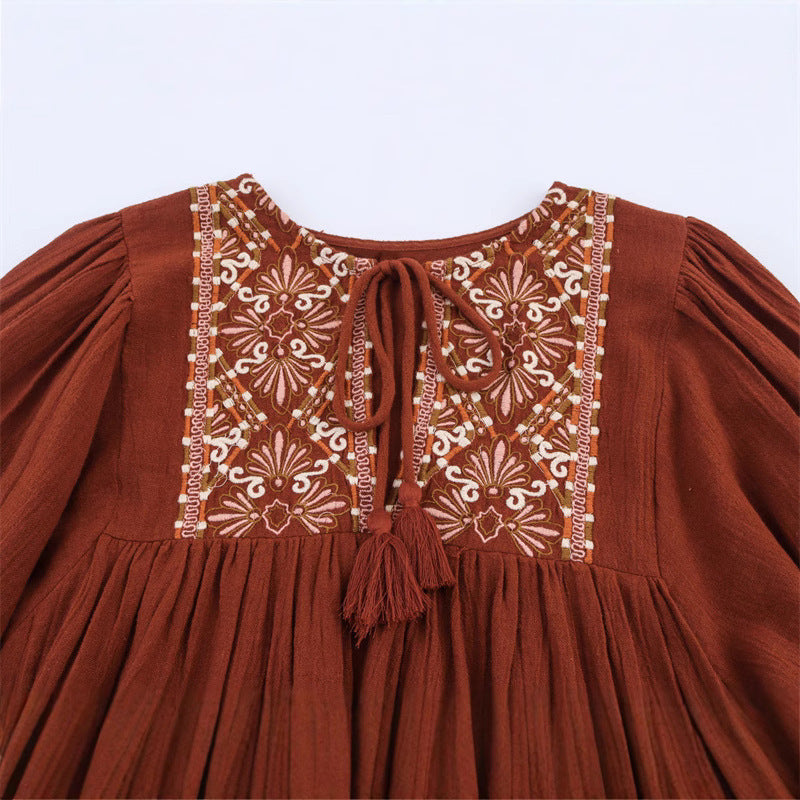 Summer Women's Clothing Embroidered Crew Neck Long Sleeve Artistic Short Dress