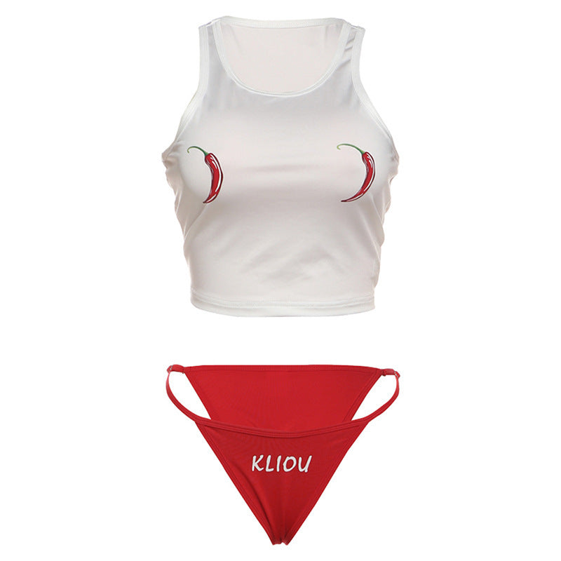 Sexy Slim Fit Round Neck Midriff-baring Vest Printed Low Waist Briefs Suit