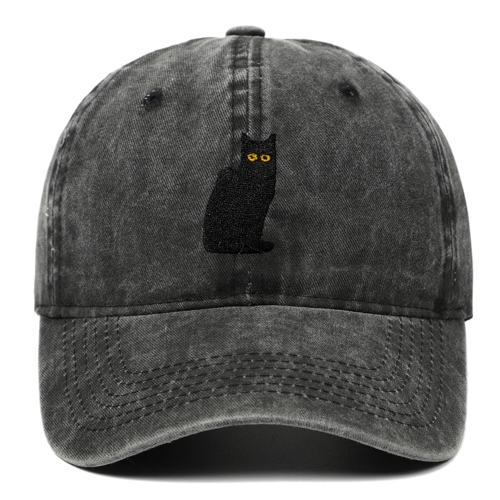 Sitting Black Cat Embroidered Baseball Cap Worn Looking Washed-out