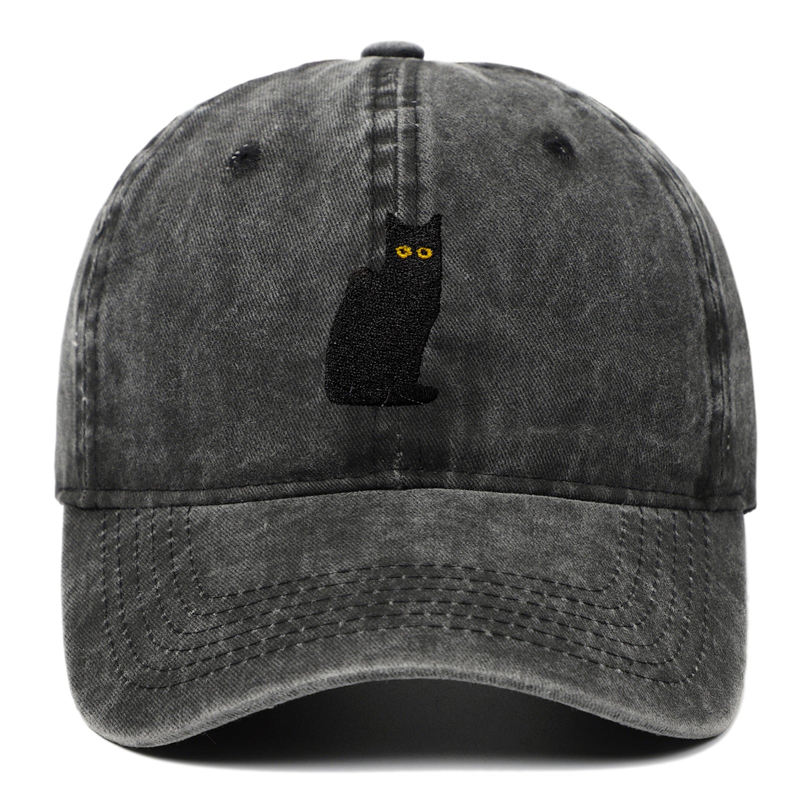 Sitting Black Cat Embroidered Baseball Cap Worn Looking Washed-out