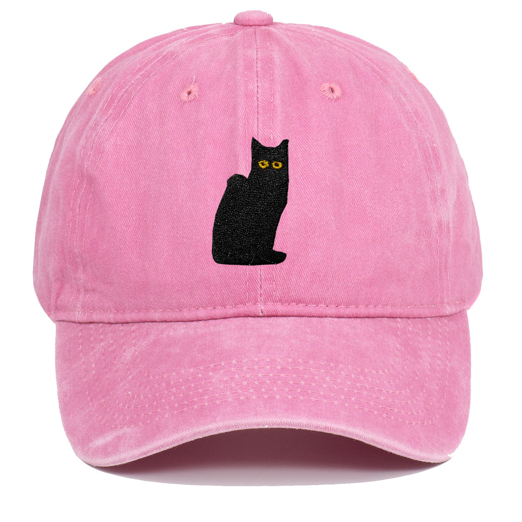 Sitting Black Cat Embroidered Baseball Cap Worn Looking Washed-out