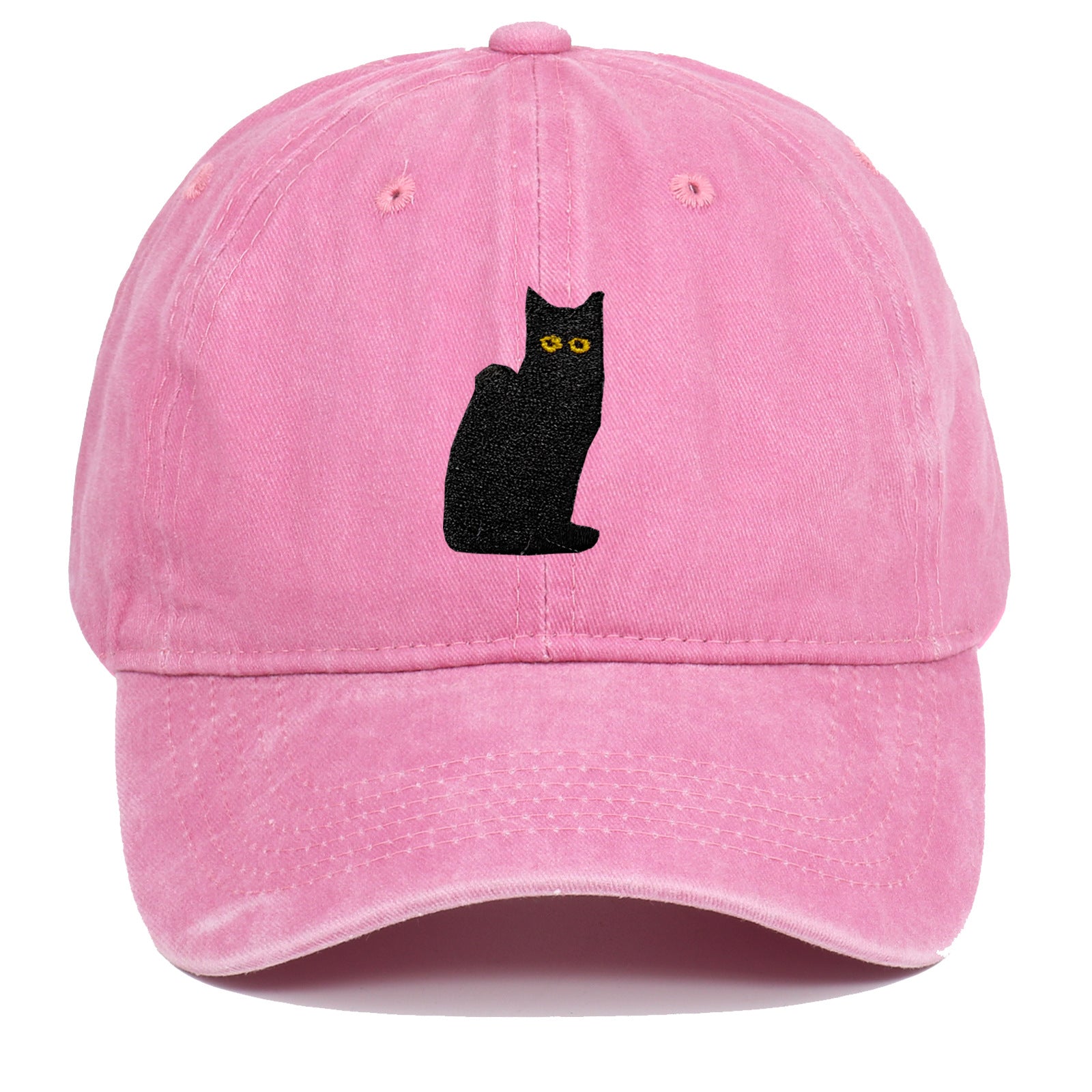 Sitting Black Cat Embroidered Baseball Cap Worn Looking Washed-out
