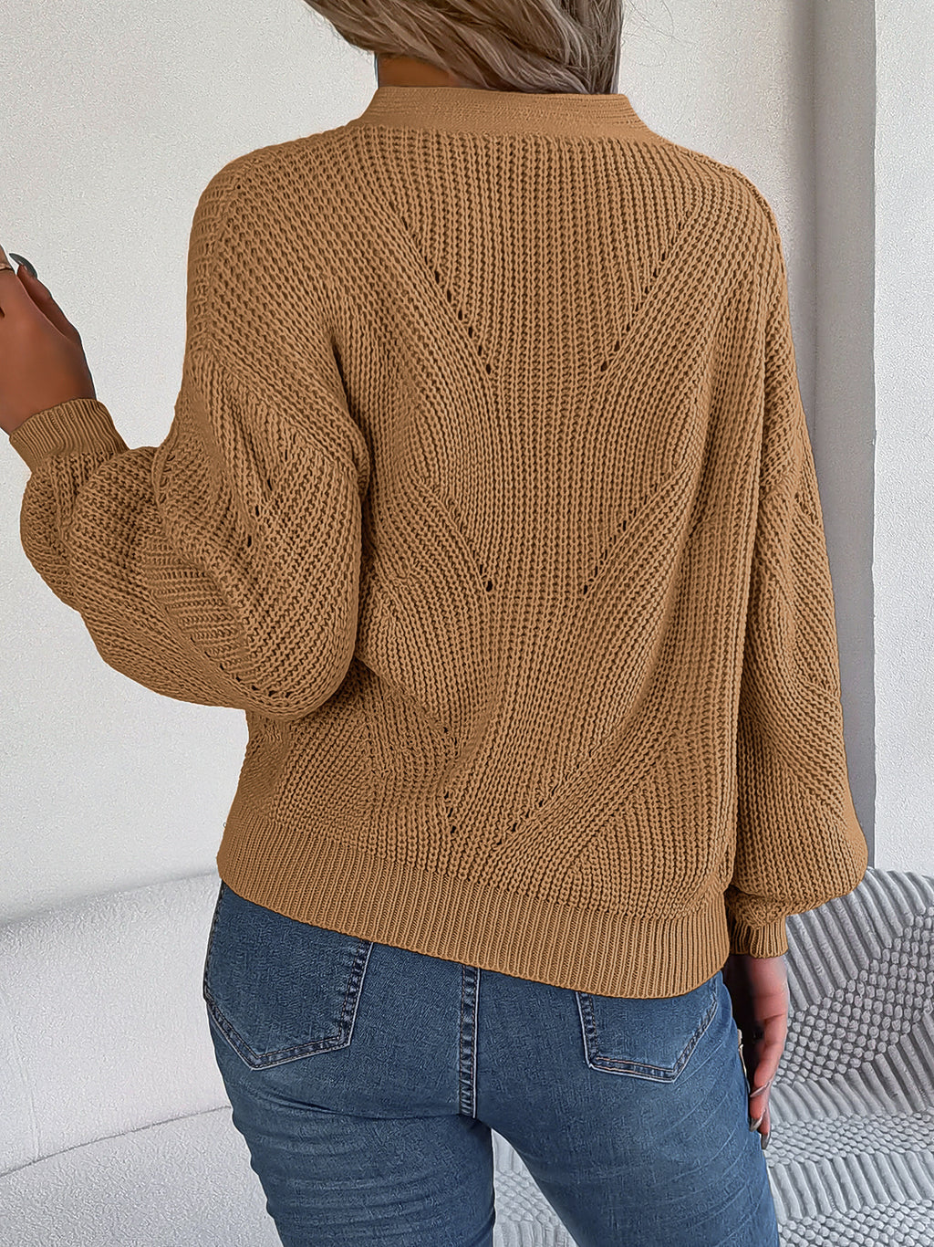 Women Hollow Out V-Neck Button Lantern Sleeve Pullover Sweater