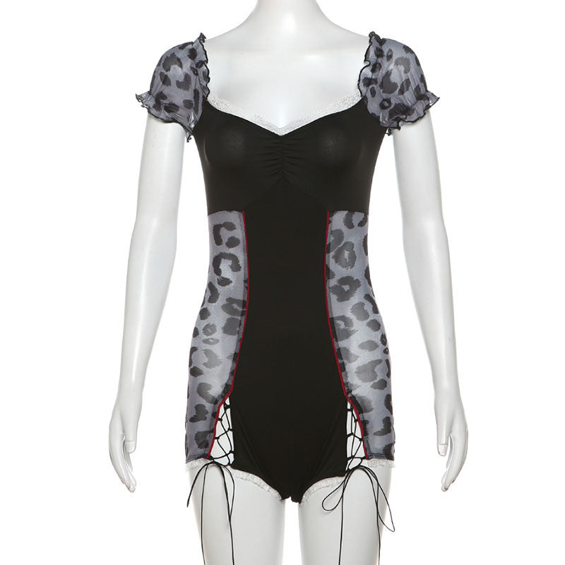 European And American Sling V-neck Lace Gauze Stitching Jumpsuit