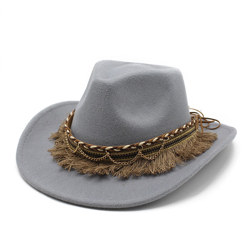 Ethnic Style Tassel Felt Cap Jazz Flat Brim Hat