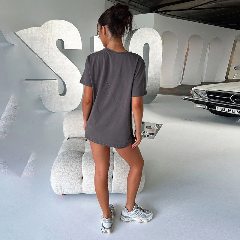 Round Neck Fashion Loose Top Hip Raise Skinny Shorts Sports Suit