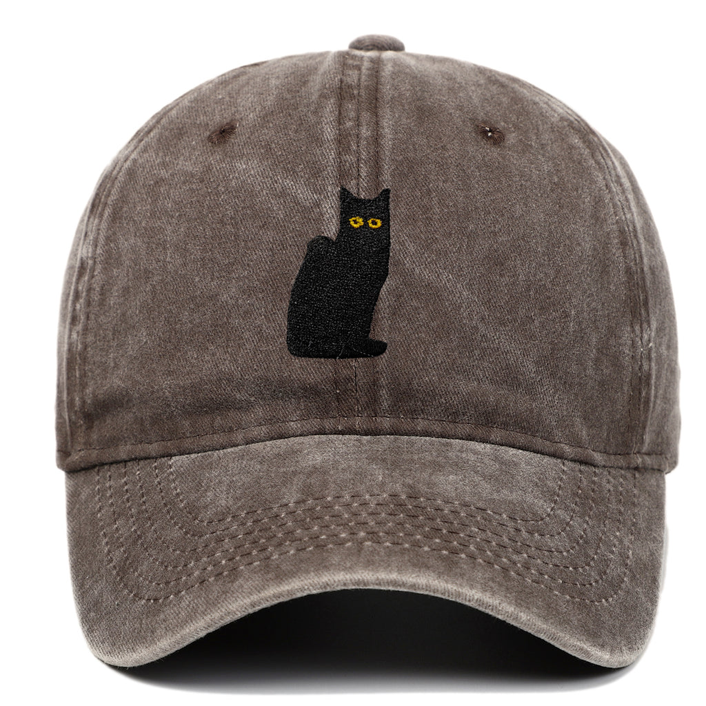 Sitting Black Cat Embroidered Baseball Cap Worn Looking Washed-out