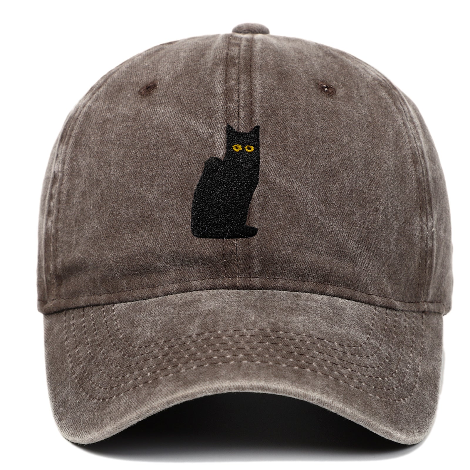Sitting Black Cat Embroidered Baseball Cap Worn Looking Washed-out