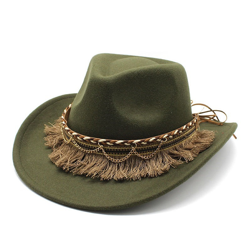 Ethnic Style Tassel Felt Cap Jazz Flat Brim Hat