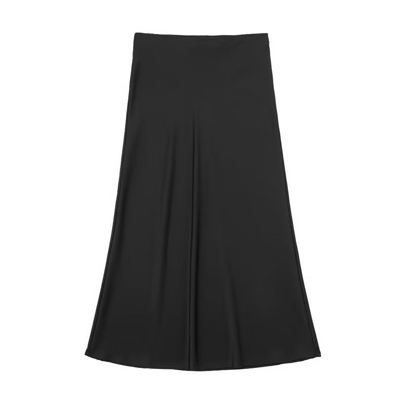 Solid Color Slim Silk Satin Texture Midi Skirt