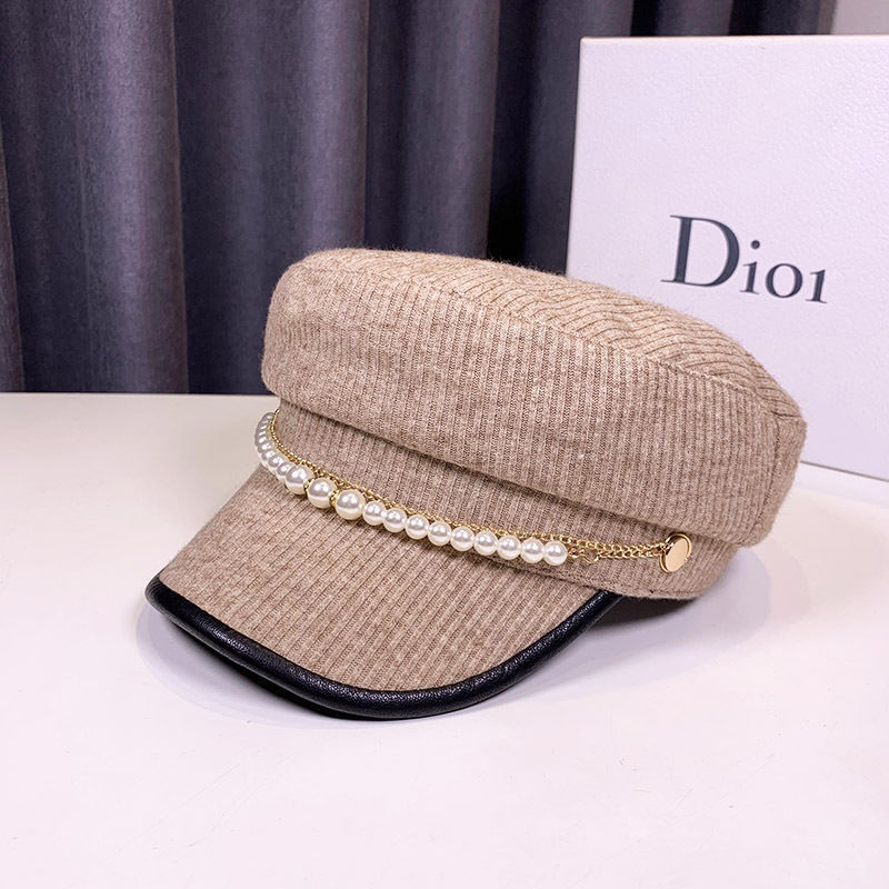 Autumn And Winter Pearl Chain Flat Top Navy Hat Women