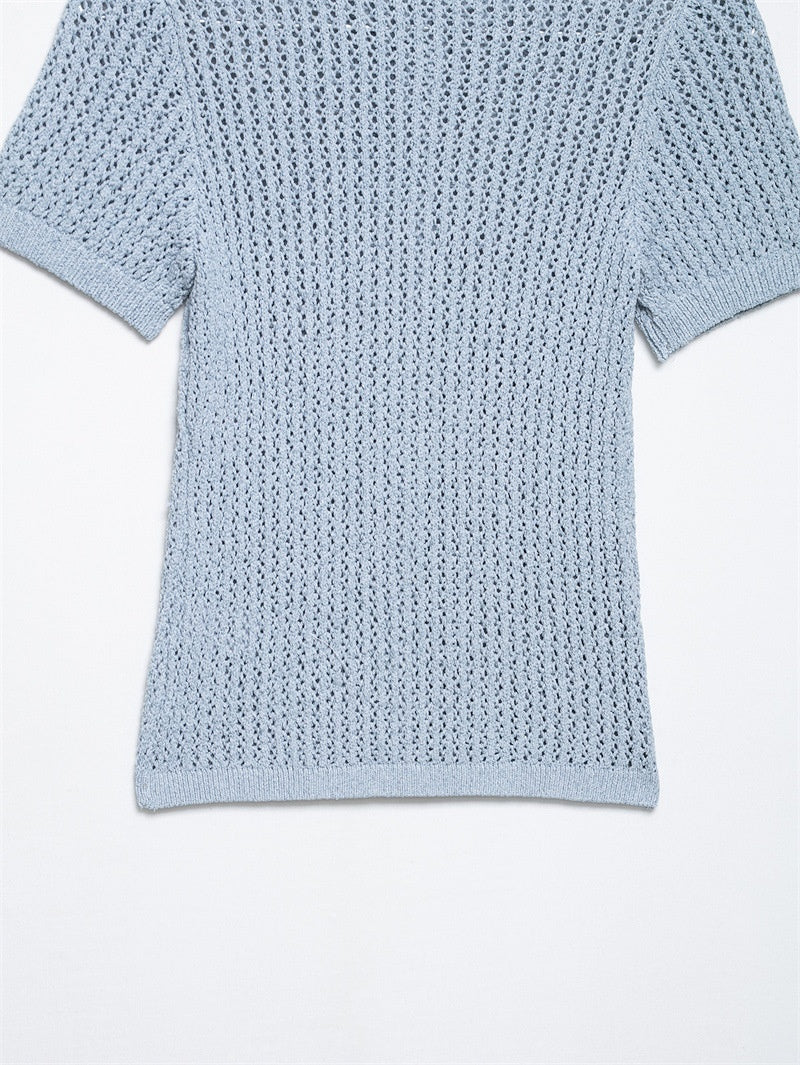 Solid Color Jacquard Mesh Knitted Top T-shirt