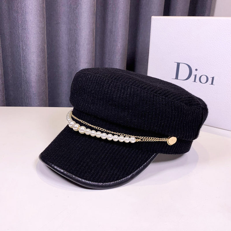 Autumn And Winter Pearl Chain Flat Top Navy Hat Women