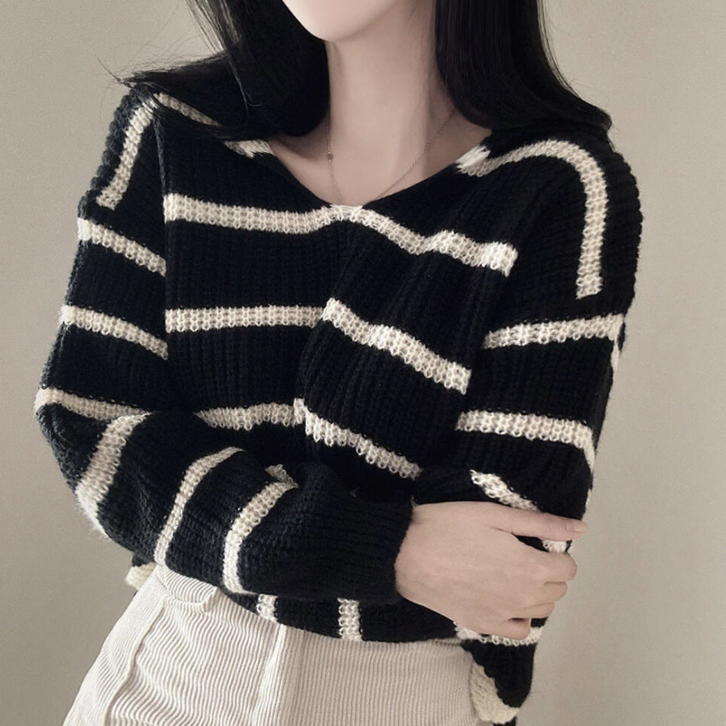 Autumn And Winter Navy Collar Striped Sweater For Women