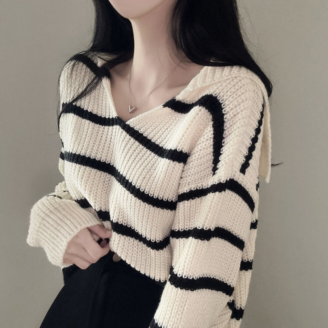 Autumn And Winter Navy Collar Striped Sweater For Women