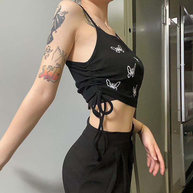 Style New Butterfly Print Umbilical Strap Drawstring Bottoming Top