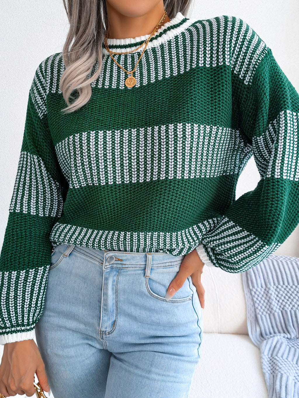 Women Casual Color Block Stripe Long Sleeve Knit Sweater