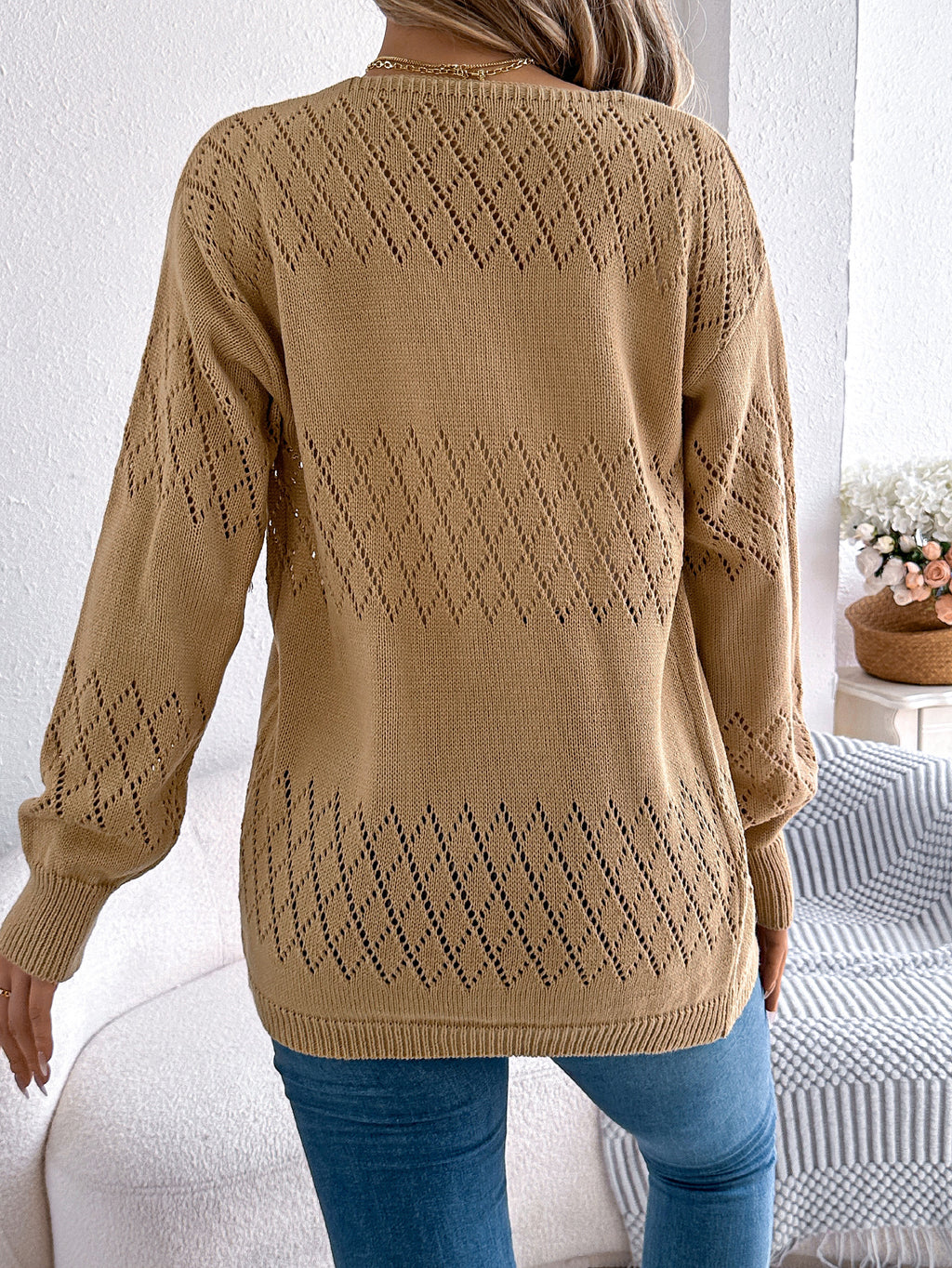 Women Casual Solid Color Hollow Out Lantern Sleeve Mid-Length Cardigan Sweater